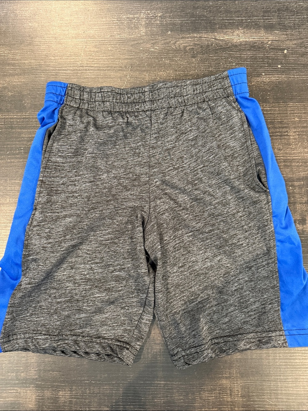 Boys Gray Athletic Shorts with Royal Blue Side Panels